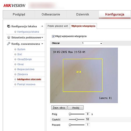 Widok okna konfiguracji wykrycia wtargnięcia w kamerze Hikvision DS-2CD2042WD-I K1777 